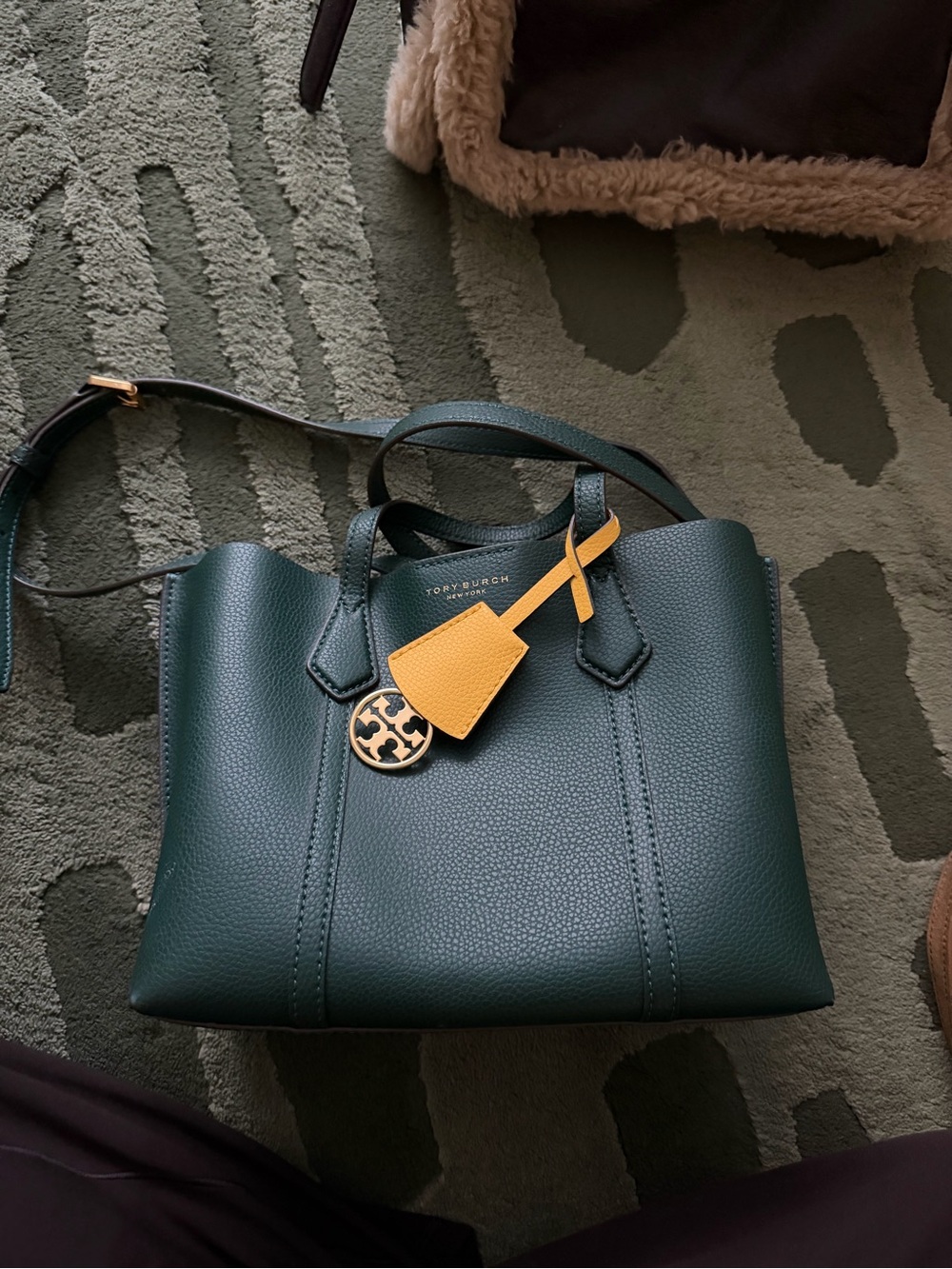 Tory Burch Forest Green Leather Tote with Yellow Tag